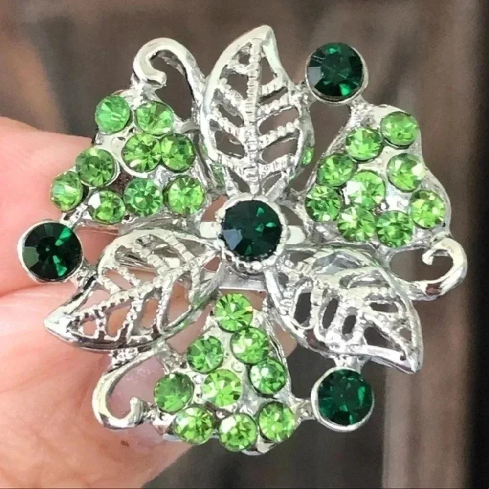 3 for $25/ Elegant Emerald Peridot Gemstone Silver Sweater Brooch Lapel Pin NWT